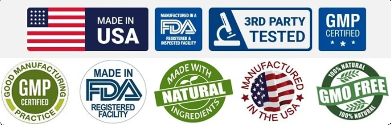 Quality certification seals: FDA registered facility, GMP certified, Made in USA, All Natural ingredients